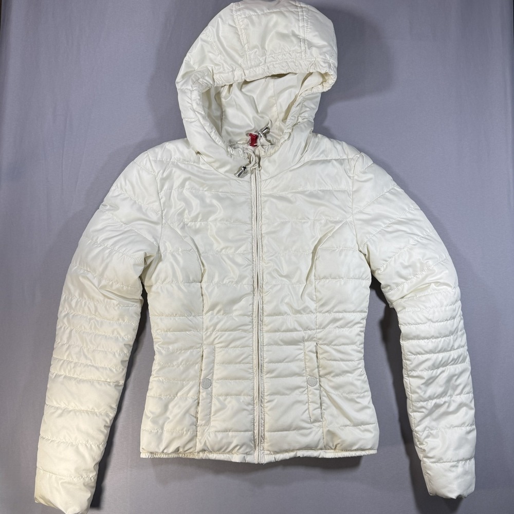H&M Divided Womens Cream Puffer Jacket Hooded Quilted Lightweight Size 4